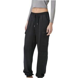 NEW Satin Mid-Rise Cargo Pants, Black Lightweight‎ Joggers Elastic Waist, Size M